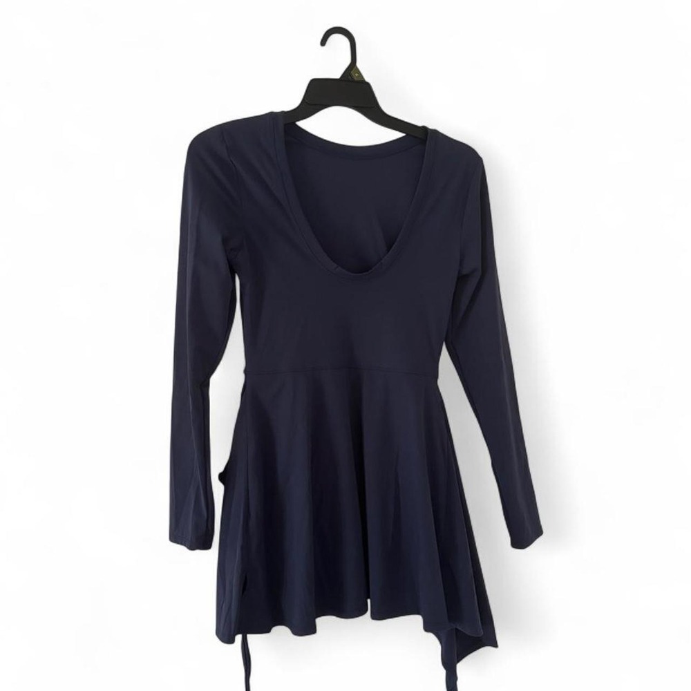 Navy Blue Long Sleeve Tie Front Romper Dress Skort